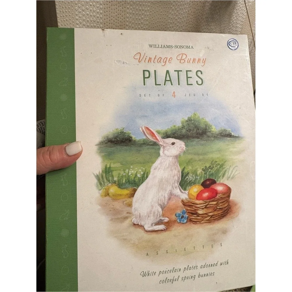 Williams Sonoma White & Green Vintage Bunny Plate Set - Spring Bunny Artwork set
